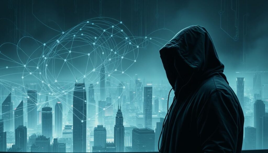 A shadowy figure, their face obscured by a dark hood, stands in the foreground, radiating an aura of menace. In the middle ground, a complex network of digital connections and data streams swirls, hinting at the intricate web of their cyber operations. The background is a dystopian cityscape, its skyscrapers and infrastructure engulfed in a haze of digital interference, reflecting the far-reaching impact of this adversary's activities. The scene is bathed in a cool, eerie light, adding to the sense of foreboding and the grave threat this figure poses to the security of organizations. Detailed, realistic, cinematic style.