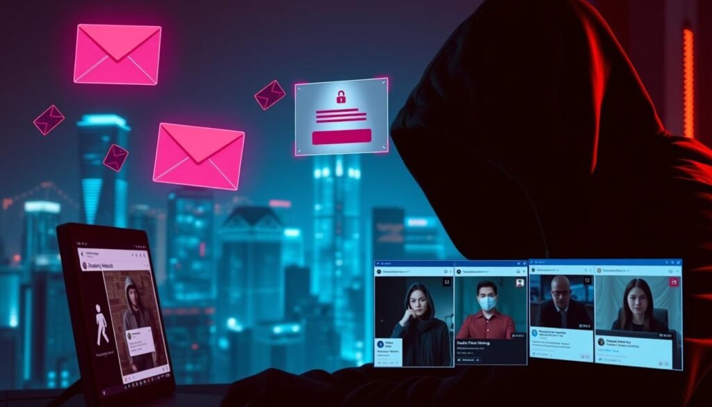 A shadowy hacker lurking behind a computer screen, their face obscured by a hoodie. Phishing lures in the form of fake email attachments and login prompts hover in the air, while a series of windows showing social media profiles and deepfake manipulations occupy the middle ground. The background is a dimly lit, neon-tinged cityscape, evoking a sense of technological intrusion and the vulnerability of the human layer in the digital age. Dramatic lighting casts dramatic shadows, heightening the sense of unease and danger. The scene conveys the insidious nature of phishing, social engineering, and deepfakes as modern cybersecurity threats. A shadowy hacker lurking behind a computer screen, their face obscured by a hoodie. Phishing lures in the form of fake email attachments and login prompts hover in the air, while a series of windows showing social media profiles and deepfake manipulations occupy the middle ground. The background is a dimly lit, neon-tinged cityscape, evoking a sense of technological intrusion and the vulnerability of the human layer in the digital age. Dramatic lighting casts dramatic shadows, heightening the sense of unease and danger. The scene conveys the insidious nature of phishing, social engineering, and deepfakes as modern cybersecurity threats.