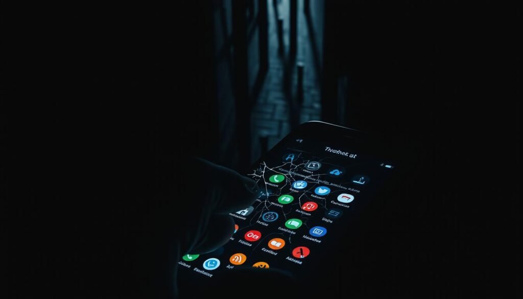 A shadowy, maze-like scene with hidden ads lurking in the background, casting ominous shadows. In the foreground, a cracked smartphone screen with fingers cautiously navigating its depths, revealing a web of intrusive pop-ups and trackers. The middle ground features a maze of app icons, some concealing spyware and data-harvesting apps. Muted colors, high contrast, and a sense of unease permeate the image, conveying the hidden privacy risks of using cracked software. Dramatic lighting from an unseen source casts a sense of foreboding, as if the user is being watched. The composition guides the eye through the layers of deception, mirroring the article's exploration of the hidden dangers within cracked apps.