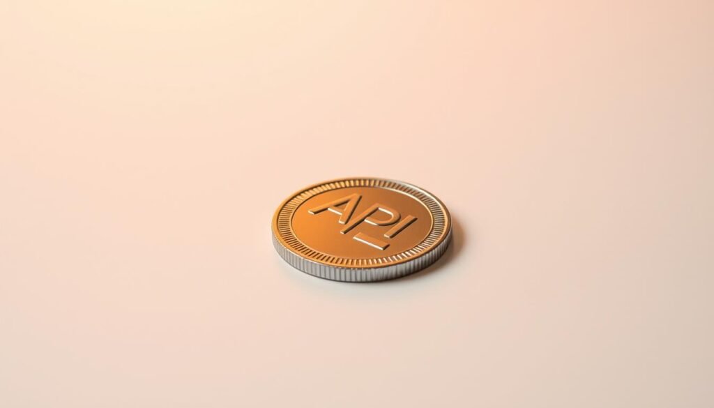 A silver metal token resting on a clean, white background, illuminated by a warm, directional light source. The token has a minimalist, modern design with clean lines and a polished, reflective surface. The lighting creates subtle shadows and highlights, adding depth and dimensionality to the object. The composition places the token in the center, allowing it to be the clear focus of the image. The overall mood is one of simplicity, elegance, and professionalism, reflecting the secure and reliable nature of API token exchange.