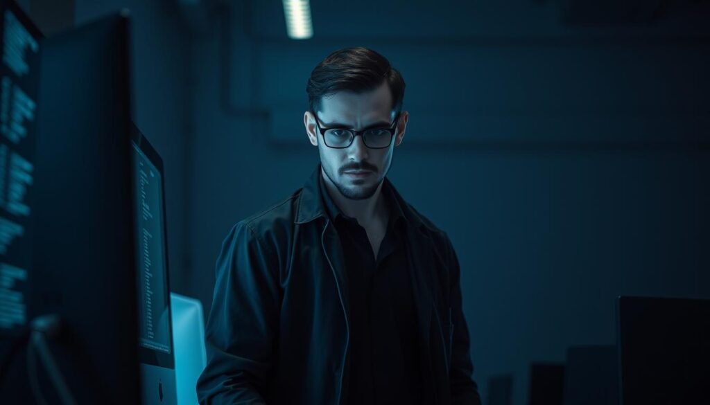 A skilled cybersecurity professional, a penetration tester stands before a desktop computer, intently focused on the screen. Dressed in a dark, nondescript outfit, they blend seamlessly into the dimly lit office environment, their expression one of deep concentration. The scene is illuminated by the cool glow of the monitor, casting a calculated shadow across their face as they methodically assess vulnerabilities and devise ethical hacking strategies. The atmosphere is tense yet determined, hinting at the critical importance of their role in safeguarding digital assets and networks. A skilled cybersecurity professional, a penetration tester stands before a desktop computer, intently focused on the screen. Dressed in a dark, nondescript outfit, they blend seamlessly into the dimly lit office environment, their expression one of deep concentration. The scene is illuminated by the cool glow of the monitor, casting a calculated shadow across their face as they methodically assess vulnerabilities and devise ethical hacking strategies. The atmosphere is tense yet determined, hinting at the critical importance of their role in safeguarding digital assets and networks.