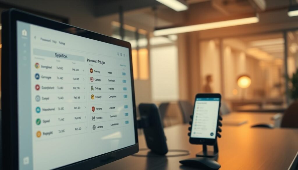 A sleek and minimal password manager interface, with a clean and intuitive layout. In the foreground, a desktop computer screen displays a neatly organized password vault, showcasing various login credentials. The middle ground features a smartphone or tablet, seamlessly syncing and managing the passwords across devices. The background is a softly blurred office setting, conveying a sense of productivity and security. Warm, directional lighting casts subtle shadows, highlighting the modern and sophisticated design of the password manager software. The overall mood is one of efficiency, trust, and technological sophistication.