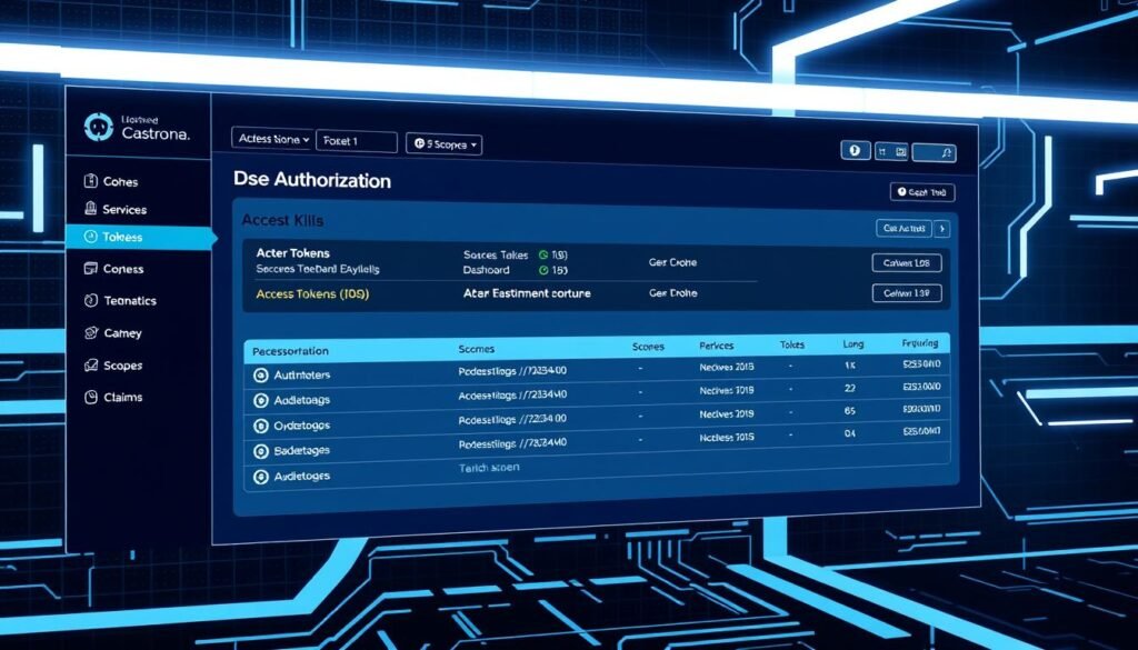 A sleek and minimalist authorization interface, featuring a clean, modern dashboard displaying access tokens, scopes, and claims. The interface is designed with sharp angles, clean lines, and a cool color palette, evoking a sense of precision and control. The background has a subtle grid pattern, representing the underlying technical infrastructure. Crisp shadows and subtle highlights create a sense of depth and dimensionality, while the overall aesthetic conveys a feeling of security and professionalism. The interface is presented in a high-contrast, high-resolution rendering, with a focus on showcasing the core functionality and user experience.