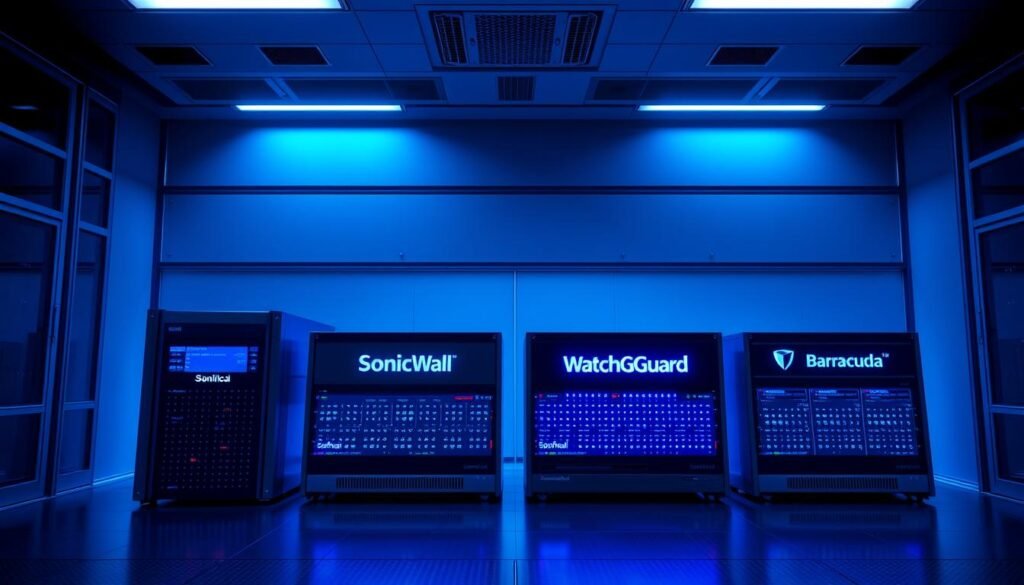 A sleek and modern command center displaying four distinct unified threat management (UTM) platforms from leading cybersecurity brands: SonicWall, Sophos, WatchGuard, and Barracuda. The platforms are arranged in a grid, each showcasing its signature design and feature set. Soft blue lighting illuminates the scene, creating a professional and authoritative atmosphere. The platforms are presented in a clean, minimalist style, emphasizing their advanced security capabilities and simplified management. The overall composition conveys the power and versatility of these comprehensive security solutions for small businesses. A sleek and modern command center displaying four distinct unified threat management (UTM) platforms from leading cybersecurity brands: SonicWall, Sophos, WatchGuard, and Barracuda. The platforms are arranged in a grid, each showcasing its signature design and feature set. Soft blue lighting illuminates the scene, creating a professional and authoritative atmosphere. The platforms are presented in a clean, minimalist style, emphasizing their advanced security capabilities and simplified management. The overall composition conveys the power and versatility of these comprehensive security solutions for small businesses.