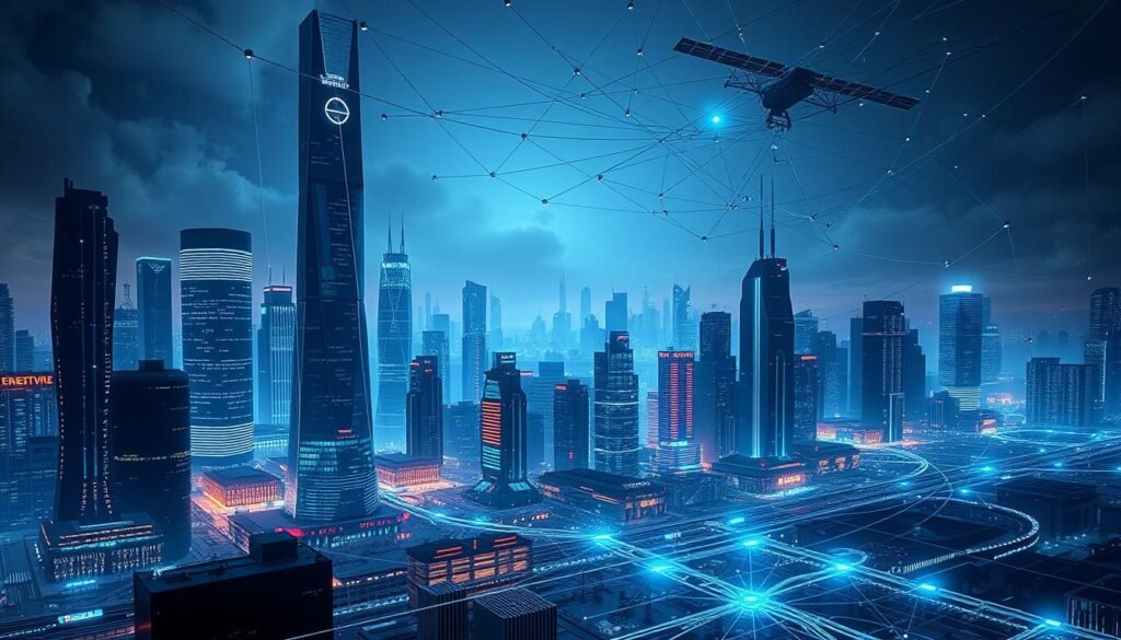 A sleek, futuristic cityscape bathed in an eerie, digital glow. Skyscrapers of gleaming steel and glass are juxtaposed with towering monoliths of pure code, their surfaces pulsing with endless streams of data. In the foreground, a complex web of circuits and nodes, glowing with an ominous blue light, represents the intricate cybersecurity infrastructure protecting this high-tech metropolis. Looming overhead, a web of interconnected satellites and servers, casting long shadows across the landscape, symbolize the ever-present threat of cyber attacks. The mood is one of technological wonder and unease, a delicate balance between the power of digital innovation and the vulnerability of the systems that underpin it. A sleek, futuristic cityscape bathed in an eerie, digital glow. Skyscrapers of gleaming steel and glass are juxtaposed with towering monoliths of pure code, their surfaces pulsing with endless streams of data. In the foreground, a complex web of circuits and nodes, glowing with an ominous blue light, represents the intricate cybersecurity infrastructure protecting this high-tech metropolis. Looming overhead, a web of interconnected satellites and servers, casting long shadows across the landscape, symbolize the ever-present threat of cyber attacks. The mood is one of technological wonder and unease, a delicate balance between the power of digital innovation and the vulnerability of the systems that underpin it.