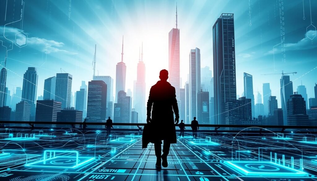 A sleek, futuristic cityscape with towering skyscrapers and advanced security systems. In the foreground, a network of interconnected devices and digital shields, symbolizing the zero-trust architecture. Fluid data flows and intricate algorithms create a layered defense against cyber threats. The middle ground features silhouetted figures navigating this digital landscape, their identities verified through biometric scans and access controls. The background is bathed in a cool, metallic palette, with rays of light piercing through the urban landscape, conveying a sense of resilience and technological prowess. The scene exudes a palpable air of cybersecurity, innovation, and unwavering protection.