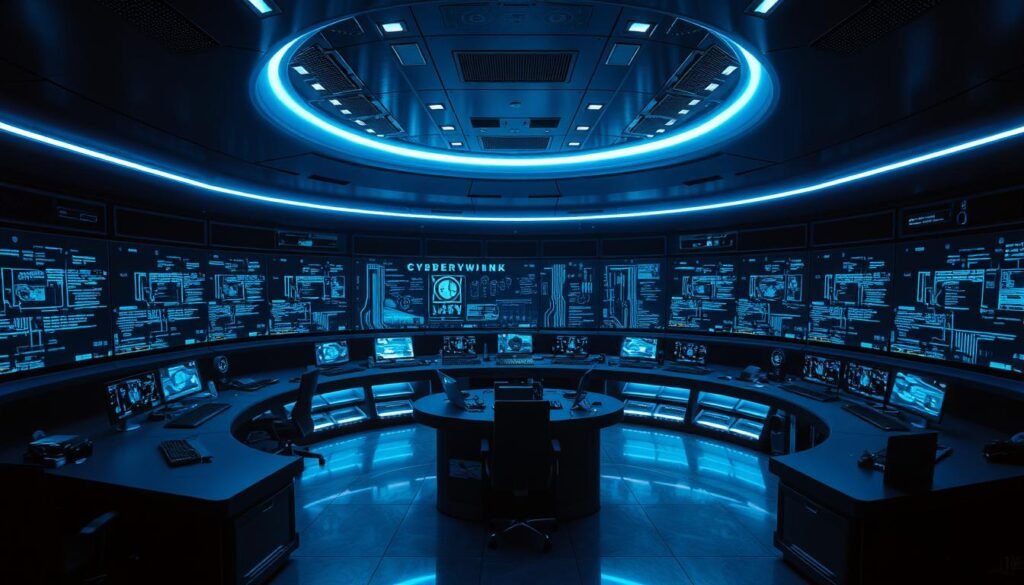 A sleek, futuristic command center with an array of holographic displays and control panels. The lighting is cool and blue, casting an otherworldly glow over the dark, minimalist interior. Curved desks with advanced workstations form a semicircle around a central command console, its array of screens and controls giving a sense of power and control. Intricate lines of code and network visualizations flicker across the displays, offering a glimpse into the complex infrastructure that powers the network. The atmosphere is tense, with a palpable sense of importance and urgency in the air, underscoring the critical role of this command and control hub in safeguarding vital systems.