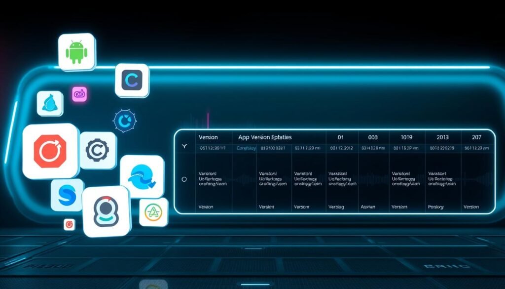 A sleek, futuristic interface displaying multiple app versions, icons, and compatibility badges against a moody, backlit backdrop. The foreground features a clean, minimalist design with floating 3D app icons in various sizes and designs, each representing a distinct version. The middle ground showcases a dynamic, scrolling timeline of version updates, with compatibility information and release dates. The background is a dark, atmospheric setting, with subtle lighting effects and a sense of depth, conveying the technical complexity of software versioning. The overall mood is one of professionalism, attention to detail, and the importance of carefully analyzing app versions before installation.