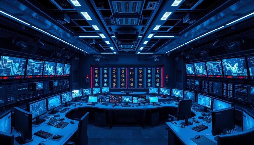 A sleek, high-tech command control center, bathed in a cool, blue-tinted lighting. Rows of monitors display real-time data and system status, with a central command console dominated by an array of switches, buttons, and screens. Ergonomic workstations are arranged in a semicircle, allowing operators to monitor and control all aspects of the network. The atmosphere is one of focused intensity, with a sense of power and authority emanating from the space. The room is designed with clean lines, sharp angles, and a minimalist aesthetic, conveying the precision and efficiency of the systems it houses. Strategically placed cameras and sensors provide comprehensive surveillance, while a bank of servers hums quietly in the background, processing and analyzing vast streams of information.