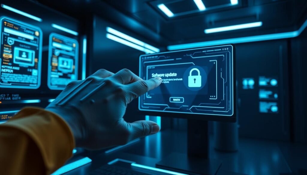 A sleek, high-tech computer interface with glowing blue panels and holographic displays. In the foreground, a hand reaching out to tap on a futuristic software update prompt, the screen reflecting an urgent security alert. The background is a dark, minimalist workspace with clean lines and subtle lighting, conveying a sense of importance and professionalism. The overall scene evokes the critical nature of software updates for maintaining the security and integrity of digital systems.