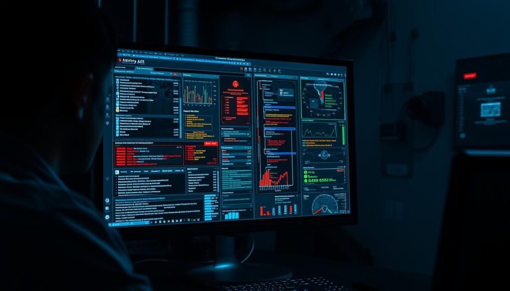 A sleek, high-tech computer monitor displaying intricate cybersecurity data, surrounded by a dark, ominous atmosphere with a sense of urgency and danger. The screen showcases a complex visualization of user activity, network traffic, and potential threats, all under the watchful eye of a skilled security analyst. Dramatic lighting casts sharp shadows, emphasizing the gravity of the situation and the need for vigilance in safeguarding digital privacy and security.