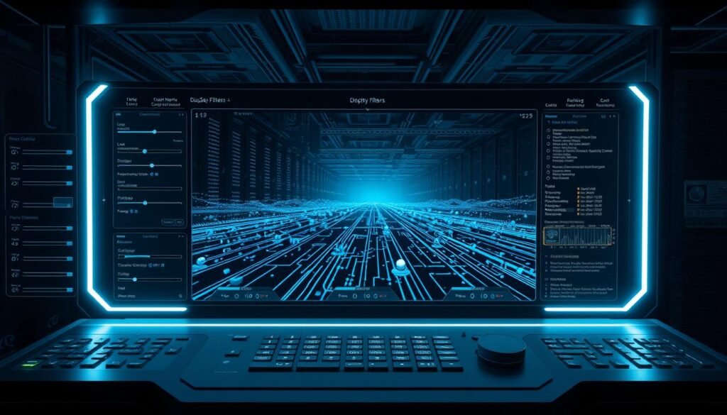 A sleek, high-tech control panel displaying an array of customizable display filters, each with intricate settings and options. The foreground showcases the filters' detailed UI elements - sliders, toggles, and drop-down menus, all rendered in a minimalist, monochromatic palette. In the middle ground, a panoramic view of network packets flows across the display, their paths highlighted and color-coded for easy analysis. The background features a subdued, tech-inspired landscape of digital infrastructure - server racks, network switches, and cables, all bathed in a cool, futuristic lighting scheme that enhances the overall sense of precision and control. A sleek, high-tech control panel displaying an array of customizable display filters, each with intricate settings and options. The foreground showcases the filters' detailed UI elements - sliders, toggles, and drop-down menus, all rendered in a minimalist, monochromatic palette. In the middle ground, a panoramic view of network packets flows across the display, their paths highlighted and color-coded for easy analysis. The background features a subdued, tech-inspired landscape of digital infrastructure - server racks, network switches, and cables, all bathed in a cool, futuristic lighting scheme that enhances the overall sense of precision and control.