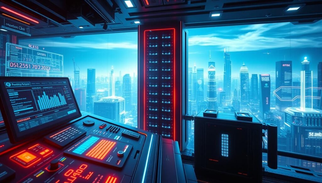 A sleek, high-tech interface showcasing API security protocols in action. In the foreground, a futuristic control panel with digital displays, cryptographic keys, and security metrics. Glowing data streams and holographic visualizations surround the panel, conveying the dynamic nature of API threats. The middle ground features a towering server rack, its blinking lights and cooling fans symbolizing the infrastructure that powers secure API development. In the background, a cityscape of gleaming skyscrapers and data centers, representing the globally interconnected world that APIs must navigate securely. Dramatic lighting casts dramatic shadows, heightening the sense of importance and urgency around API security.