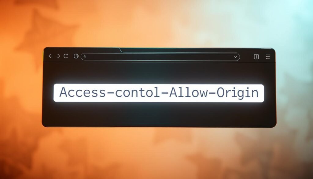 A sleek, metallic web browser window floats against a soft, hazy backdrop. The "Access-Control-Allow-Origin" header glows brightly, its letters etched in a clean, minimalist font. The overall scene conveys a sense of digital sophistication and the importance of properly configuring CORS, a critical web security measure. Warm lighting casts a gentle glow, highlighting the header's significance. The composition is balanced, drawing the viewer's eye to the key element. This image serves as a clear, visually appealing illustration for the "Key CORS Headers You Must Configure" section of the article.