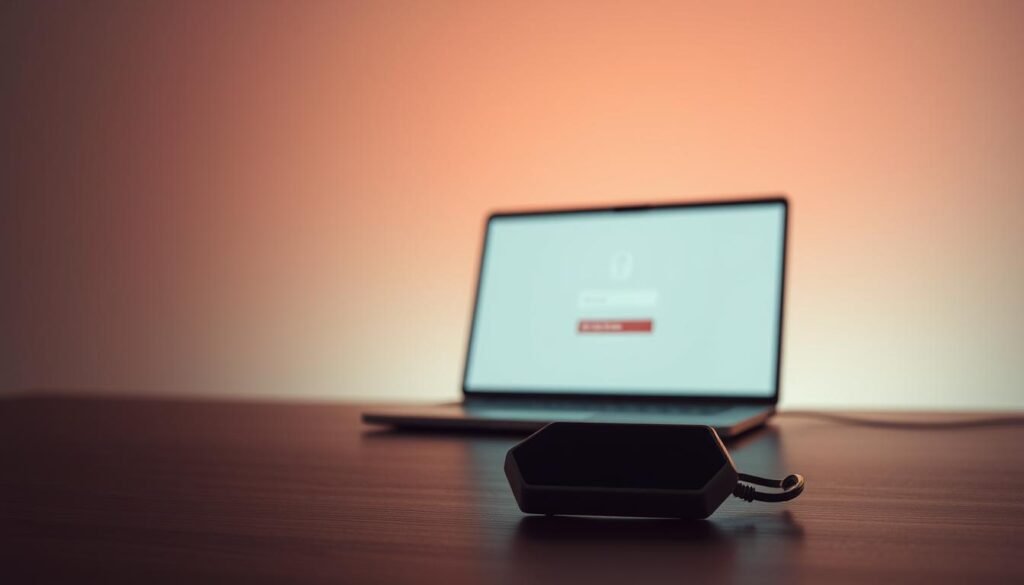 A sleek, minimal desktop workspace set against a soft, muted background. In the foreground, a sturdy security token or hardware key sits prominently on the desk, signifying the importance of strong authentication. The lighting is warm and directional, casting subtle shadows that accentuate the device's angular, high-tech design. In the middle ground, a laptop or tablet displays a login screen, its interface clean and uncluttered, emphasizing the seamless user experience. The background features a subtle pattern or gradient, evoking a sense of digital security and stability. The overall mood is one of confidence, efficiency, and the reassuring power of robust authentication methods.