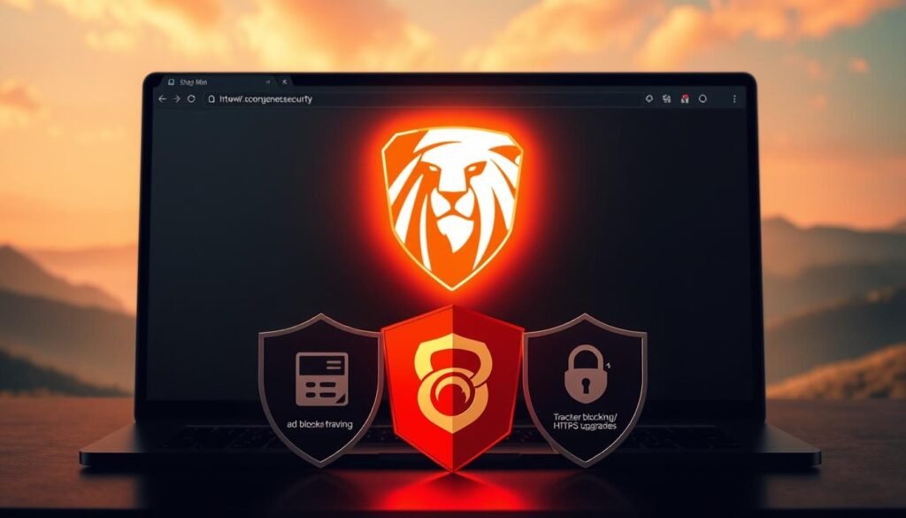 A sleek, minimalist browser interface with Brave's iconic lion logo prominently displayed. The browser window is highlighted by soft, warm lighting, creating a cozy, trustworthy atmosphere. In the foreground, a series of customizable 'Shields' represent Brave's privacy-focused features - ad-blocking, tracker-blocking, and HTTPS upgrades. The background depicts a serene, nature-inspired landscape, emphasizing Brave's commitment to online privacy and security. The overall composition conveys a sense of safety, control, and environmental consciousness, perfectly aligning with the article's subject and section title.