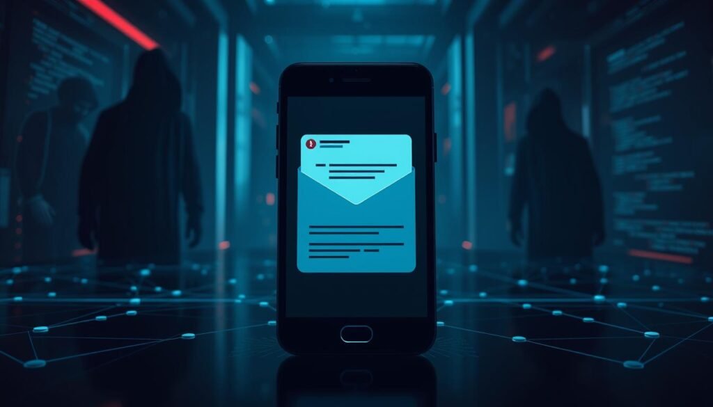 A sleek, minimalist composition showcasing the intricate mechanics of a phishing attack. In the foreground, a stylized smartphone display depicts a phishing email, its subtle yet deceptive design luring the unsuspecting user. The middle ground features a series of interconnected nodes and lines, representing the complex network infrastructure that facilitates the phishing process. In the background, a dark, ominous atmosphere sets the tone, with shadowy figures and ominous code fragments hinting at the malicious intent behind the phishing scheme. Dramatic lighting and a cinematic camera angle convey the high-stakes, high-tech nature of this digital threat.