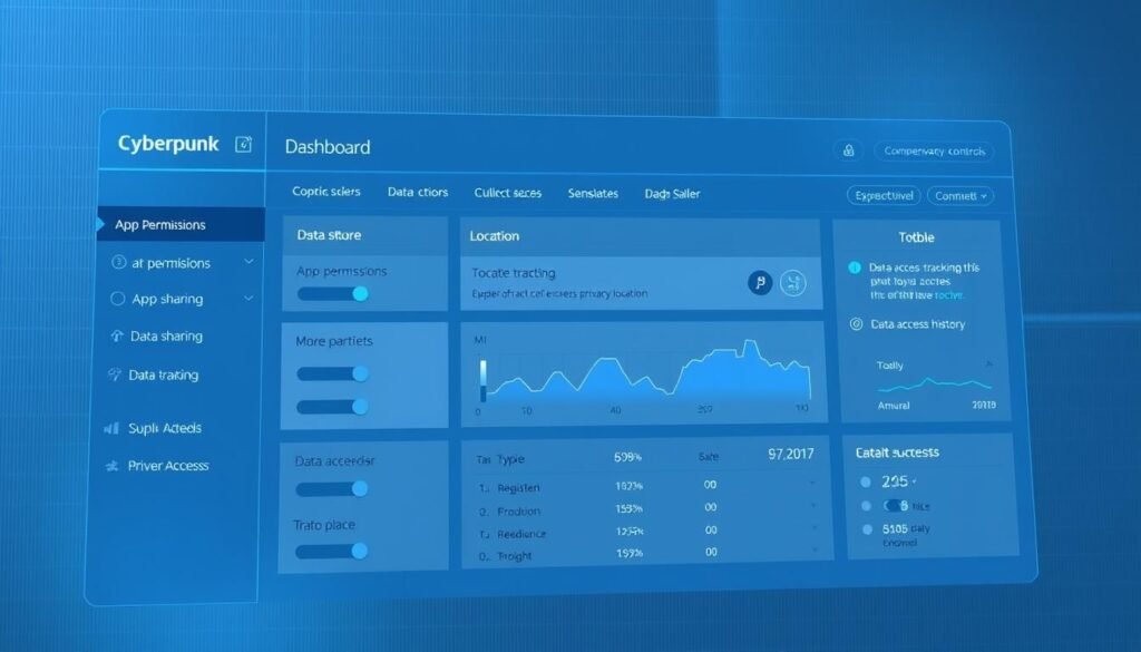 A sleek, minimalist dashboard interface showcasing comprehensive privacy controls. The foreground features a series of toggles, sliders, and toggle buttons for managing app permissions, data sharing, and location tracking. The middle ground includes a visual overview of active app permissions and data access history. The background has a subtle grid pattern and a muted, professional color palette of blues and grays, creating a calming, authoritative atmosphere. Elegant typography and clean iconography convey a sense of precision and attention to detail. Lighting is diffused, with a soft, even glow across the screen. The camera angle is slightly elevated, emphasizing the dashboard's intuitive layout and user-friendly design.