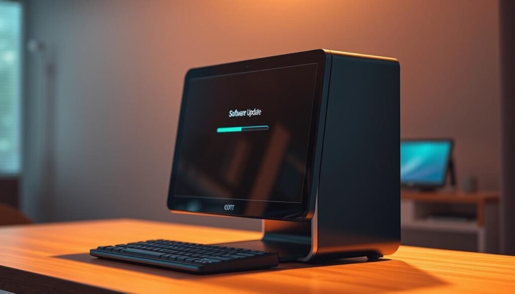A sleek, minimalist desktop computer with a glossy black casing sits atop a wooden desk. The screen displays a software update notification, with a progress bar slowly filling up. Soft, warm lighting illuminates the scene, casting subtle shadows and highlights. The background is blurred, creating a depth of field that draws the viewer's attention to the computer and the update process. The overall atmosphere conveys a sense of efficiency, technology, and the importance of maintaining a well-functioning digital environment.