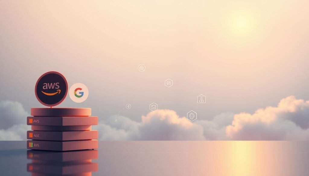 A sleek, minimalist illustration showcasing the cloud security certifications desired by major tech giants. In the foreground, three stacks of stylized certification badges hover against a soft, gradient backdrop - AWS, Google, and Microsoft logos prominently displayed. The middle ground features subtle, floating icons representing in-demand skills like encryption, access management, and threat detection. The background is a clean, atmospheric scene with wispy clouds and a faint glow, evoking the cloud computing landscape. Warm, directional lighting casts gentle shadows, creating depth and emphasizing the certifications. The overall mood is professional, aspirational, and visually striking.