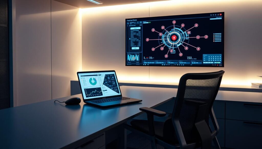 A sleek, minimalist office setting, with a large desk and modern ergonomic chair. On the desk, a laptop and tablet display intricate dashboards and analytics, showcasing the seamless automation of firewall auditing processes. Soft, indirect lighting emanates from hidden sources, creating a calm, focused atmosphere. In the background, a wall-mounted display shows a live network topology, with color-coded security zones and intuitive visualization tools. The overall scene conveys a sense of efficiency, control, and the effortless integration of auditing tasks into the everyday workflow of a network security engineer.