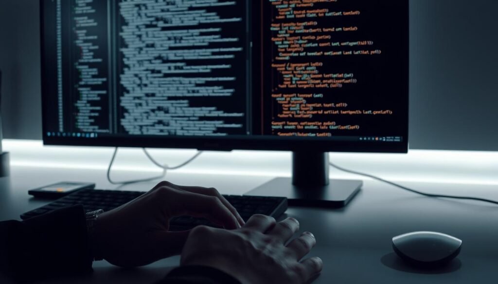 A sleek, minimalist office setup with a large monitor displaying a complex code editor interface. The screen shows intricate code structures, variable names, and function calls, hinting at the deep technical analysis being performed. In the foreground, a pair of hands delicately manipulate a trackpad, navigating through the codebase with precision. Muted lighting casts dramatic shadows, creating a serious, focused atmosphere. The background is a blurred, clean workspace, conveying a sense of professionalism and attention to detail. The overall scene suggests a methodical, in-depth examination of software systems, capturing the essence of "extension analysis" in a visually compelling way.