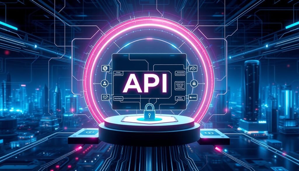 A sleek, modern API gateway interface, its secure architecture elegantly displayed. The foreground showcases a centralized hub, with robust authentication and authorization protocols guiding the flow of API requests and responses. In the middle ground, discrete microservices seamlessly connect, each secured by the gateway's protective layer. The background depicts a cityscape of interconnected systems, hinting at the broader ecosystem the API serves, all bathed in a cool, futuristic lighting scheme. The entire scene conveys a sense of control, efficiency, and unwavering security - the hallmarks of a well-designed API gateway solution.