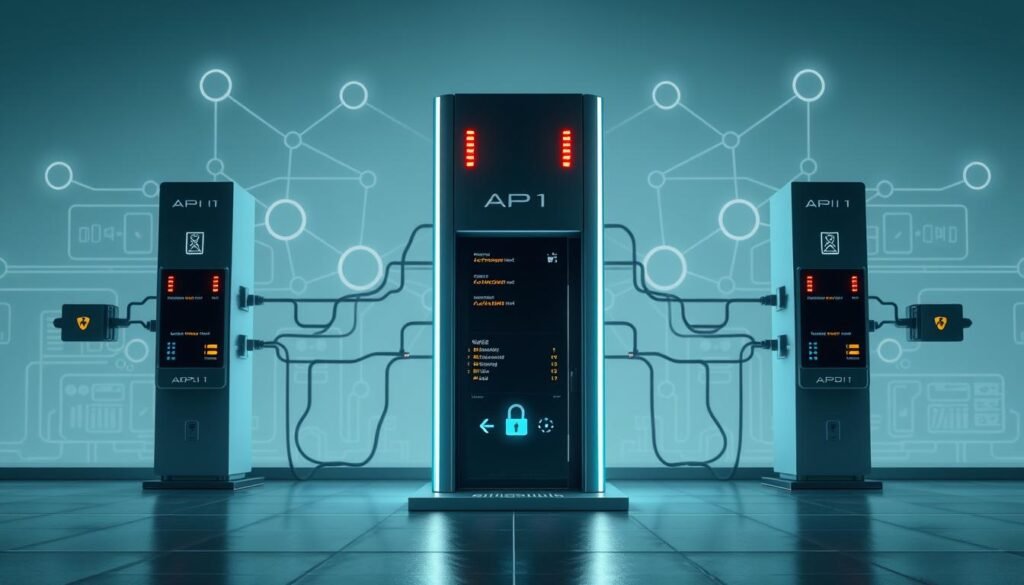 A sleek, modern API gateway stands as the central security control plane, its clean lines and minimalist design exuding an air of technical sophistication. Glowing indicators and status panels provide real-time insights into the flow of API traffic, with robust authentication and authorization mechanisms guarding the entry points. In the background, a stylized network topology suggests the interconnected systems and services the gateway protects, its secure perimeter clearly defined. Soft lighting and muted colors create a sense of professionalism and reliability, reflecting the critical role the API gateway plays in safeguarding the system's overall security posture.