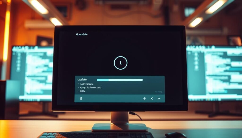 A sleek, modern computer monitor displaying a software update interface, with a warm, ambient lighting illuminating the scene. The foreground features a progress bar, icons, and a simple, intuitive user interface, conveying the streamlined process of applying a software patch or fix. The middle ground showcases the computer's clean, minimalist design, while the background subtly blurs out, creating a sense of focus and emphasis on the update itself. The overall mood is one of efficiency, simplicity, and the seamless integration of technology into our daily lives.