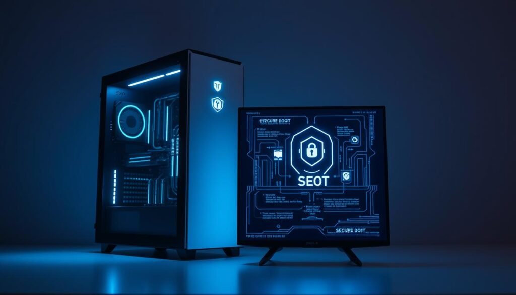 A sleek, modern computer tower stands on a clean, minimalist desk, its case illuminated by cool, indirect lighting. The tower's exterior is adorned with the distinct "Secure Boot" logo, conveying a sense of technological sophistication and robust security. In the foreground, a high-resolution display showcases a visual representation of the secure boot process, with glowing icons and data visualizations that emphasize the importance of this critical security feature. The background is muted, allowing the central elements to take center stage and command the viewer's attention, symbolizing the pivotal role of secure boot in today's digital landscape. A sleek, modern computer tower stands on a clean, minimalist desk, its case illuminated by cool, indirect lighting. The tower's exterior is adorned with the distinct "Secure Boot" logo, conveying a sense of technological sophistication and robust security. In the foreground, a high-resolution display showcases a visual representation of the secure boot process, with glowing icons and data visualizations that emphasize the importance of this critical security feature. The background is muted, allowing the central elements to take center stage and command the viewer's attention, symbolizing the pivotal role of secure boot in today's digital landscape.