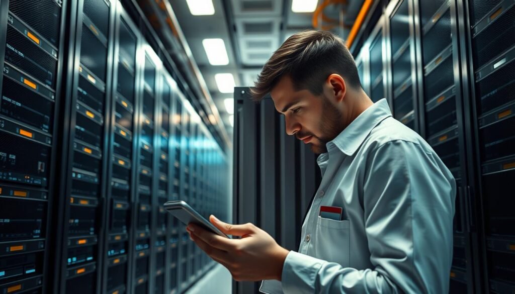 A sleek, modern data center interior with rows of towering server racks. In the foreground, a technician closely inspects a partially opened container, carefully scanning it with a handheld device. Soft, directional lighting casts long shadows, creating a sense of depth and focus. The background is filled with the hum of active machinery, conveying the high-tech, secure atmosphere of container-based infrastructure. The scene conveys the importance of thorough container scanning as part of a comprehensive cybersecurity strategy for cloud-native environments.