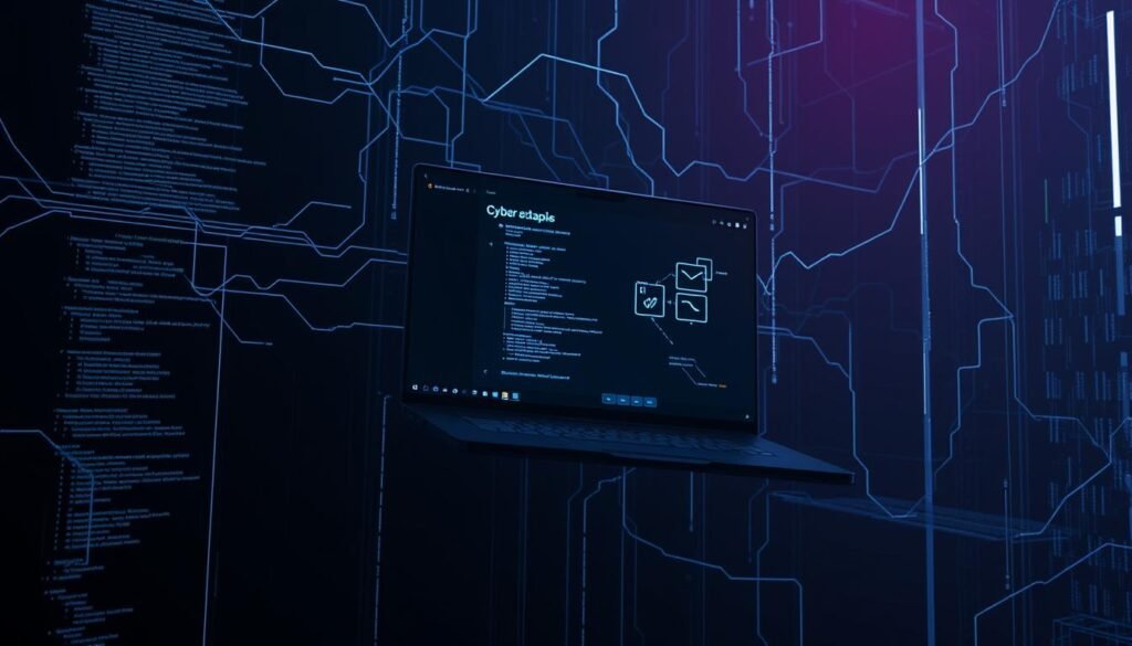 A sleek, modern desktop application interface floating in a dimly lit, cyberpunk-inspired environment. The application's UI elements are sharp, minimalist, and highly interactive, casting an ethereal glow against the shadowy backdrop. Intricate lines of code and data streams weave through the scene, creating an atmosphere of technological complexity and potential vulnerability. The overall mood is one of unease and foreboding, hinting at the sinister implications of a zero-day exploit lurking within this seemingly innocuous application.
