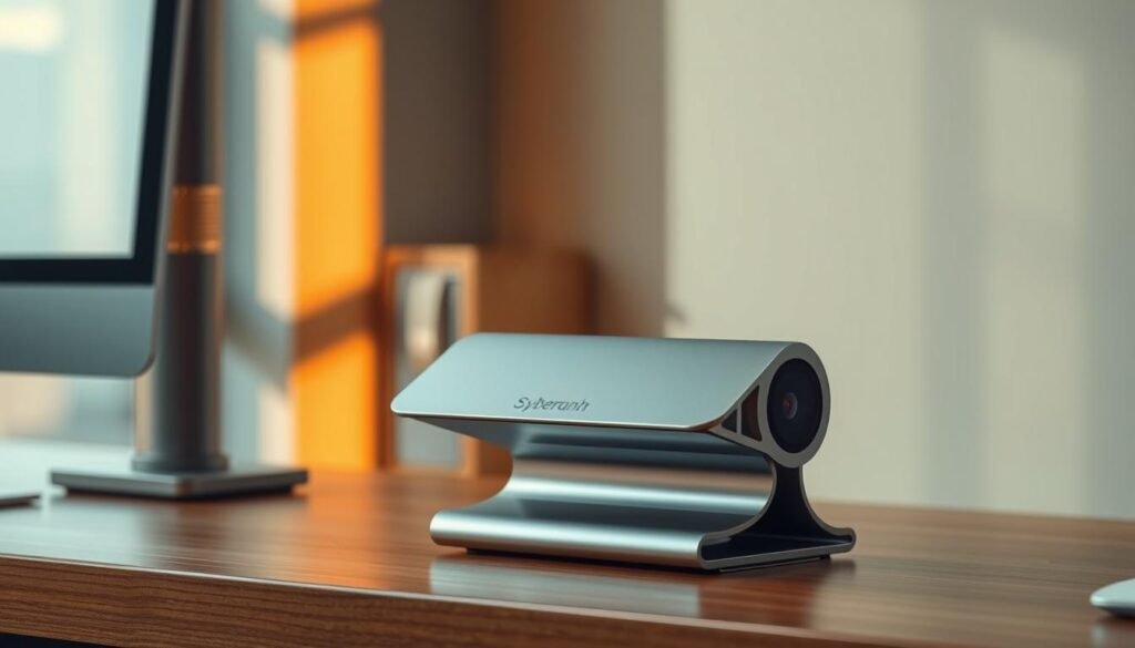 A sleek, modern desktop device with a minimalist design, featuring a silver metal body and a sliding cover mechanism that neatly conceals the webcam lens when not in use. The device sits atop a wooden desk, bathed in soft, warm lighting that casts subtle shadows, conveying a sense of privacy and security. The clean lines and subtle textures of the device blend seamlessly with the office environment, while the sliding cover provides a tangible, physical barrier to protect the user's privacy and prevent unwanted webcam access. A sleek, modern desktop device with a minimalist design, featuring a silver metal body and a sliding cover mechanism that neatly conceals the webcam lens when not in use. The device sits atop a wooden desk, bathed in soft, warm lighting that casts subtle shadows, conveying a sense of privacy and security. The clean lines and subtle textures of the device blend seamlessly with the office environment, while the sliding cover provides a tangible, physical barrier to protect the user's privacy and prevent unwanted webcam access.