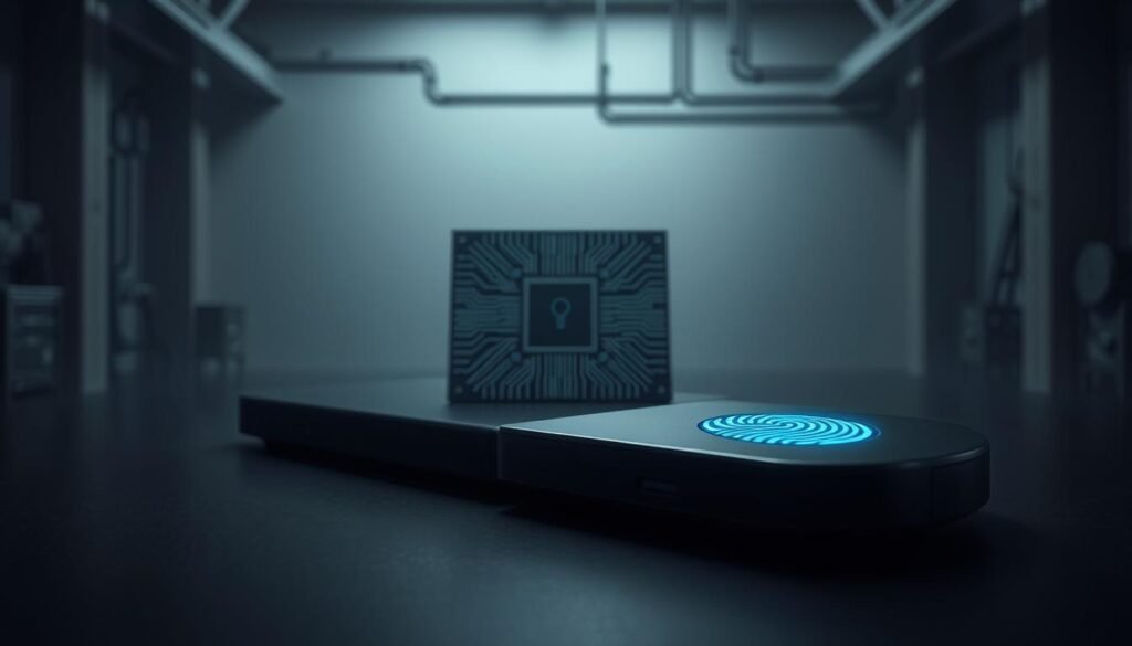 A sleek, modern device with advanced security features. In the foreground, a fingerprint sensor glows with a subtle blue light, a symbol of biometric protection. The middle ground depicts a microchip with intricate circuit patterns, representing the robust encryption and authentication protocols powering the device. In the background, a minimalist industrial setting with clean lines and muted tones, conveying a sense of reliability and sophistication. Dramatic lighting casts dramatic shadows, heightening the sense of security and precision. The overall mood is one of high-tech vigilance, ensuring the safety of sensitive data and connected systems.