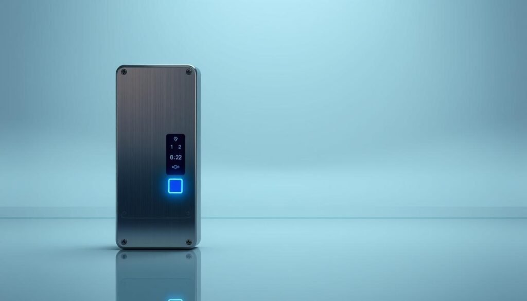 A sleek, modern digital access panel set against a minimalist background. In the foreground, a metallic control interface with biometric sensors and access buttons, illuminated by a soft blue glow. In the middle ground, a clean, glass-like surface reflecting the panel's design. The background is a neutral, gradient-based color scheme, creating a sense of depth and emphasis on the access control system. The lighting is cool and clinical, evoking a professional, secure atmosphere. The composition is balanced, with the access panel centered and occupying a significant portion of the frame, conveying its importance as the "first line of defense" in digital security.