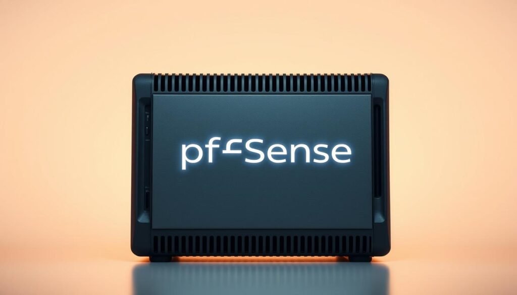 A sleek, modern firewall device with the pfSense logo prominently displayed on the front panel. The device is set against a minimalist, light-colored background, casting a soft, warm glow. The firewall's ports and vents are clearly visible, conveying a sense of technical sophistication. The scene is illuminated by a directional light source, casting dramatic shadows and highlights that accentuate the device's clean, angular design. The overall mood is one of professionalism, reliability, and open-source innovation, befitting the "best value and open-source" positioning of the pfSense firewall. A sleek, modern firewall device with the pfSense logo prominently displayed on the front panel. The device is set against a minimalist, light-colored background, casting a soft, warm glow. The firewall's ports and vents are clearly visible, conveying a sense of technical sophistication. The scene is illuminated by a directional light source, casting dramatic shadows and highlights that accentuate the device's clean, angular design. The overall mood is one of professionalism, reliability, and open-source innovation, befitting the "best value and open-source" positioning of the pfSense firewall.