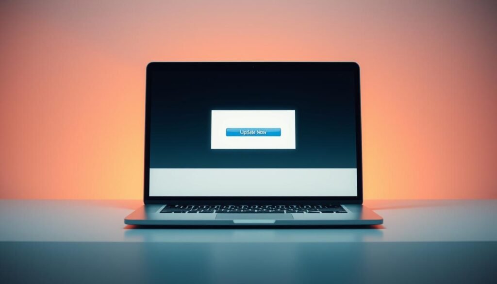 A sleek, modern laptop or desktop computer sits on a clean, minimalist desk, its screen displaying a pop-up window with an "Update Now" button prominently featured. The background is a soft, muted gradient, creating a sense of focus and emphasizing the device. Warm, directional lighting illuminates the scene, casting subtle shadows that add depth and dimension. The overall composition conveys a sense of convenience and efficiency, inviting the viewer to seamlessly update their device without the typical hassle.