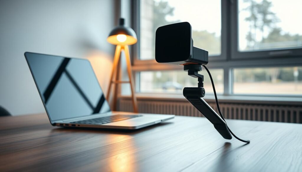 A sleek, modern laptop sits atop a minimalist, wood-grain desk. In the foreground, a high-quality webcam is mounted on a sturdy adjustable stand, its lens shielded by a discrete physical privacy cover. Soft, diffused lighting from a desk lamp creates a warm, focused atmosphere. In the background, a large window allows natural daylight to fill the space, creating a sense of openness and security. The camera's positioning and the privacy cover convey a strong sense of digital privacy and protection, perfectly reflecting the "secure your webcam" concept. A sleek, modern laptop sits atop a minimalist, wood-grain desk. In the foreground, a high-quality webcam is mounted on a sturdy adjustable stand, its lens shielded by a discrete physical privacy cover. Soft, diffused lighting from a desk lamp creates a warm, focused atmosphere. In the background, a large window allows natural daylight to fill the space, creating a sense of openness and security. The camera's positioning and the privacy cover convey a strong sense of digital privacy and protection, perfectly reflecting the "secure your webcam" concept.