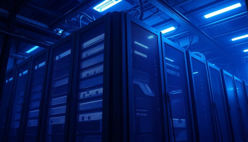 A sleek, modern server rack standing in a dimly lit server room, bathed in a cool, bluish hue. Soft ambient lighting illuminates the server enclosures, their metal panels gleaming with a subtle sheen. Cables snake behind the racks, disappearing into the shadows, hinting at the complex network infrastructure. The scene conveys a sense of power, efficiency, and technological sophistication, perfectly capturing the essence of a command-and-control center for a malicious network.