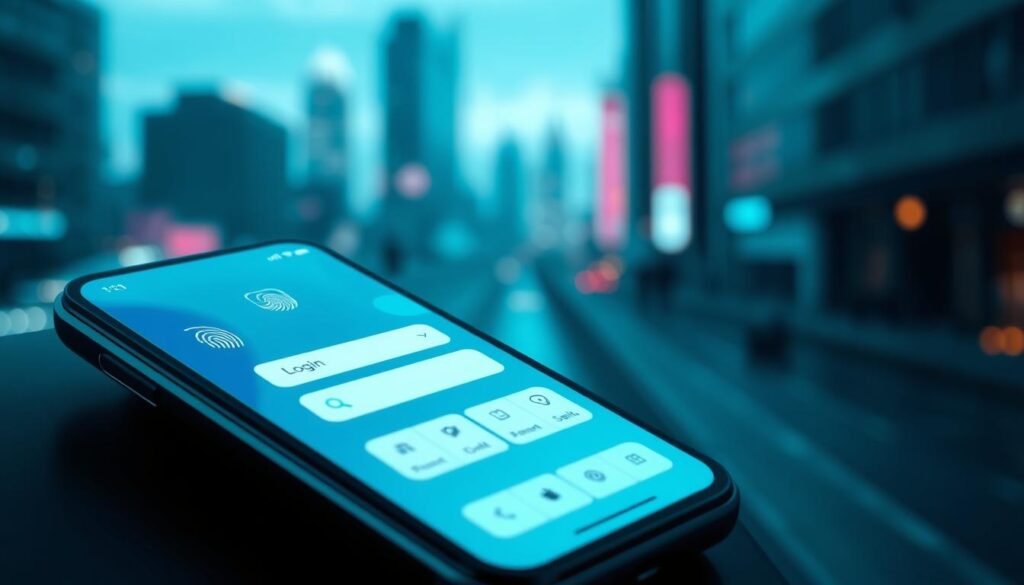 A sleek, modern smartphone display showcasing secure mobile banking app interfaces. In the foreground, the app's login screen features advanced biometric security measures like fingerprint and facial recognition. The middle ground depicts well-designed UI elements for transactions, account balances, and payment options, all with robust encryption and data protection. The background blurs out to reveal a cityscape, suggesting the convenience and on-the-go accessibility of mobile banking. The scene is lit by cool, directional lighting that accentuates the app's clean, minimalist aesthetics, conveying a sense of trustworthiness and digital safety for the user's financial information.