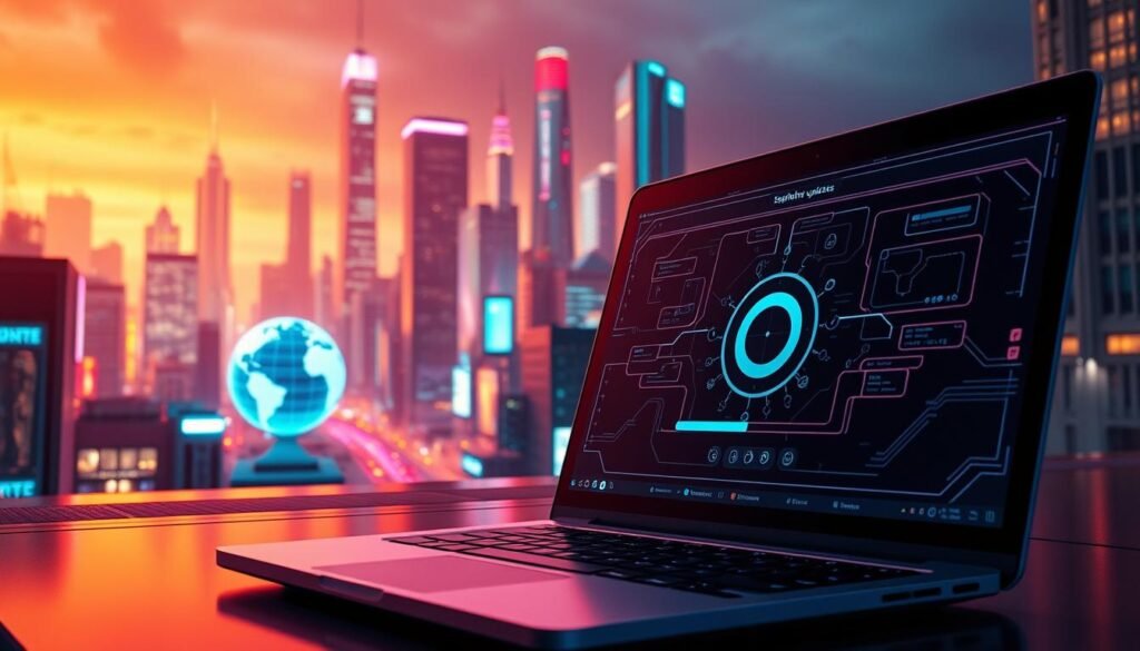 A sleek, modern software interface with glowing lines and digital shapes symbolizing the constant flow of updates. In the foreground, a laptop screen displays a progress bar and spinning icons, conveying the seamless installation process. The middle ground features a stylized globe, representing the global reach and interconnectivity of software updates. In the background, a vibrant, futuristic cityscape with towering skyscrapers and neon-lit streets, suggesting the technological advancements driving the need for timely updates. Warm, ambient lighting bathes the scene, creating a sense of progress and innovation. High-contrast, sharp-focused, detailed, cinematic composition.