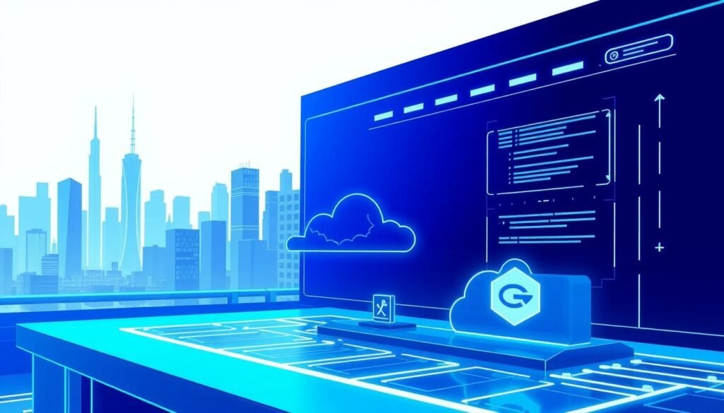 A sleek, modern web application interface with a clean, minimalist design. In the foreground, a series of responsive API endpoints, represented by stylized icons and glyphs, showcasing a modular, microservices-based architecture. In the middle ground, a cloud computing platform, with servers and containers depicted in a simplified, abstract manner. In the background, a cityscape of skyscrapers and towers, symbolizing the ubiquity of cloud-based applications in the modern digital landscape. The scene is bathed in a cool, blue-tinted lighting, creating a sense of technological sophistication and efficiency.