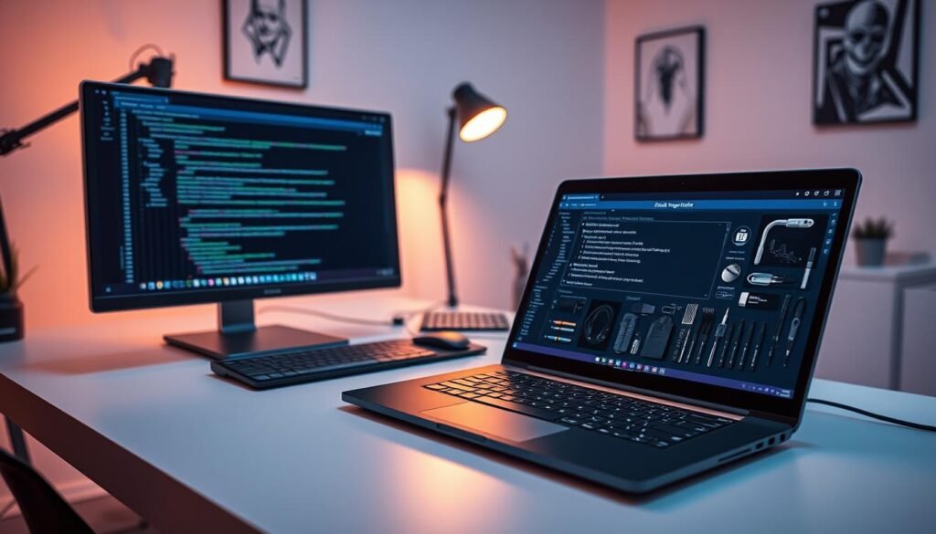 A sleek, professional setup for responsible ethical hacking. In the foreground, a laptop displaying the Social Engineering Toolkit interface, its UI elements crisp and legible. Beside it, a well-organized toolkit of penetration testing tools - USB drives, wireless adapters, and other specialized hardware. The middle ground features a stylized desk setup, with a modern monitor, minimalist keyboard and mouse, and a subtle desk lamp providing warm, focused lighting. The background showcases a clean, distraction-free workspace, with subtle geometric wall art and a sense of order and control. The overall atmosphere conveys a tone of professionalism, security, and careful, methodical approach to ethical hacking. A sleek, professional setup for responsible ethical hacking. In the foreground, a laptop displaying the Social Engineering Toolkit interface, its UI elements crisp and legible. Beside it, a well-organized toolkit of penetration testing tools - USB drives, wireless adapters, and other specialized hardware. The middle ground features a stylized desk setup, with a modern monitor, minimalist keyboard and mouse, and a subtle desk lamp providing warm, focused lighting. The background showcases a clean, distraction-free workspace, with subtle geometric wall art and a sense of order and control. The overall atmosphere conveys a tone of professionalism, security, and careful, methodical approach to ethical hacking.