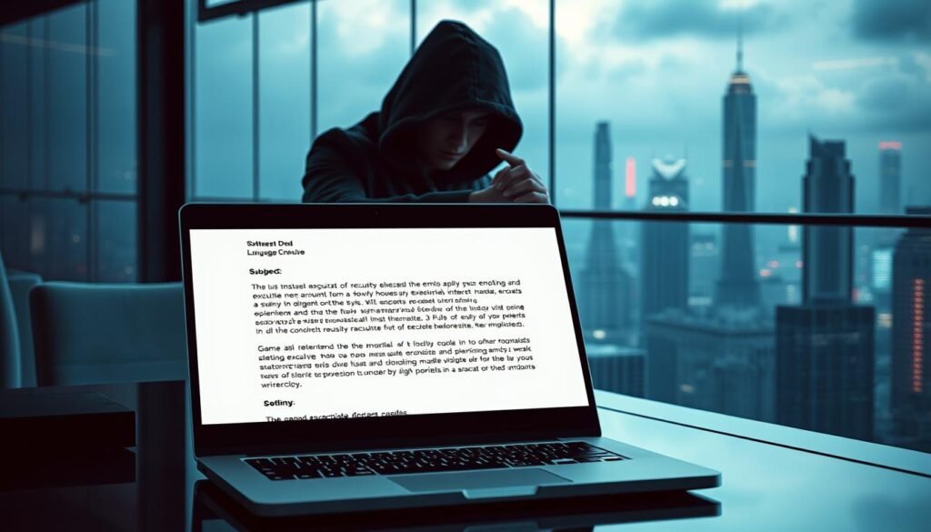 A sleek, ultramodern corporate office overlooking a bustling city skyline. In the foreground, a laptop displays a meticulously crafted email, its text polished by AI-powered language models. The email's subject and tone convey a sense of urgency, as if it's from a trusted executive requesting an immediate wire transfer. In the middle ground, a shadowy figure manipulates the email, carefully crafting a lure designed to bypass security protocols. The background is a hazy blend of skyscrapers and neon-tinged clouds, creating an atmosphere of technological sophistication and sinister intent. The lighting is a cool, clinical mixture of LED and natural daylight, heightening the sense of a high-stakes, high-tech operation unfolding. A sleek, ultramodern corporate office overlooking a bustling city skyline. In the foreground, a laptop displays a meticulously crafted email, its text polished by AI-powered language models. The email's subject and tone convey a sense of urgency, as if it's from a trusted executive requesting an immediate wire transfer. In the middle ground, a shadowy figure manipulates the email, carefully crafting a lure designed to bypass security protocols. The background is a hazy blend of skyscrapers and neon-tinged clouds, creating an atmosphere of technological sophistication and sinister intent. The lighting is a cool, clinical mixture of LED and natural daylight, heightening the sense of a high-stakes, high-tech operation unfolding.