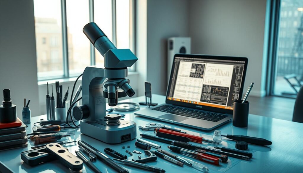 A sleek, well-lit workspace with an assortment of essential tools for analyzing an APK file. In the foreground, a high-resolution microscope, its lens casting a precise, magnified view. Surrounding it, a collection of screwdrivers, pliers, and other precision instruments, neatly organized on a clean, tidy desk. In the middle ground, a high-end laptop displaying detailed schematics and diagnostic reports, its screen bathed in a soft, warm glow. The background features a minimalist, modern interior, with large windows allowing natural light to flood the space, creating a sense of clarity and focus. The overall atmosphere exudes professionalism, attention to detail, and a dedication to thorough, meticulous analysis.