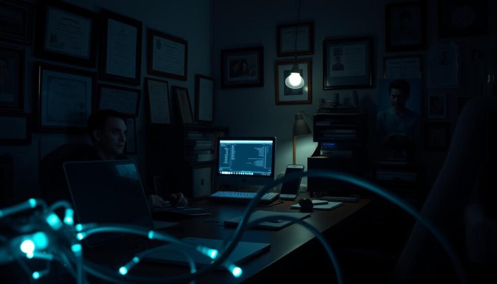 A small business office with a desktop computer, laptop, and smartphone on a cluttered desk. The walls are adorned with framed certificates and family photos, conveying a sense of personal investment. Dim, moody lighting casts long shadows, creating an atmosphere of unease and vulnerability. In the foreground, a network cable snakes across the desk, symbolizing the digital threats lurking in the shadows. The scene evokes the precarious nature of cybersecurity for small enterprises, their sensitive data exposed to malicious actors. A small business office with a desktop computer, laptop, and smartphone on a cluttered desk. The walls are adorned with framed certificates and family photos, conveying a sense of personal investment. Dim, moody lighting casts long shadows, creating an atmosphere of unease and vulnerability. In the foreground, a network cable snakes across the desk, symbolizing the digital threats lurking in the shadows. The scene evokes the precarious nature of cybersecurity for small enterprises, their sensitive data exposed to malicious actors.