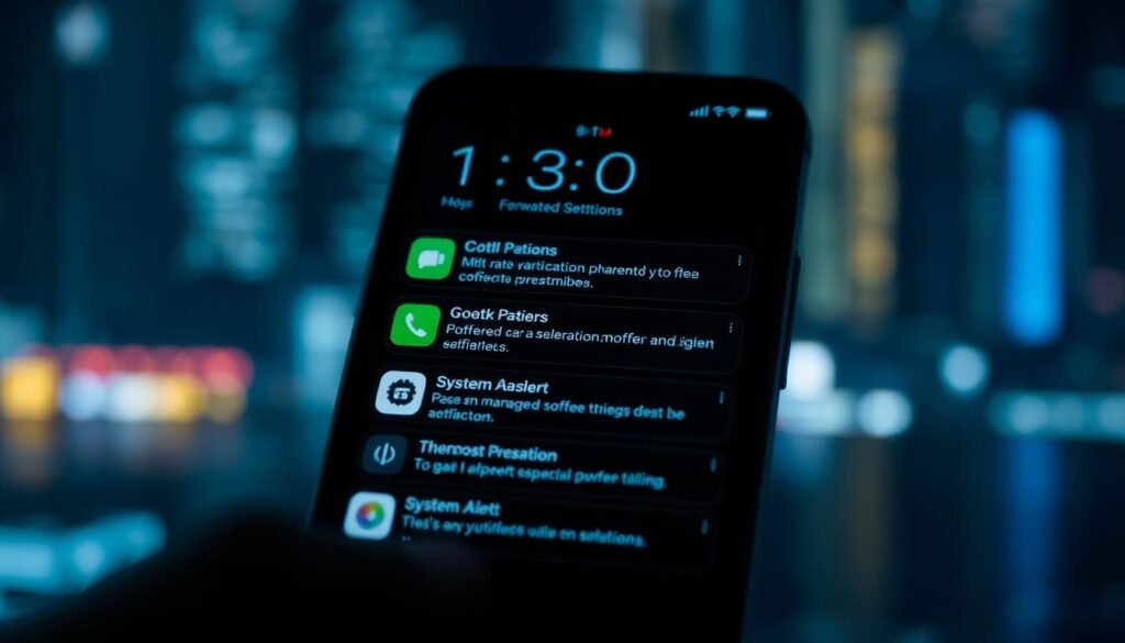 A smartphone screen displaying a series of lock screen notifications, including app icons, text previews, and system alerts. The notifications are presented in a clean, organized layout against a blurred, slightly darkened background, creating a sense of focus and clarity. The scene is illuminated by a soft, even lighting that highlights the details of the device's display. The overall composition conveys a sense of security and control, alluding to the importance of managing lock screen information to prevent potential data leaks.