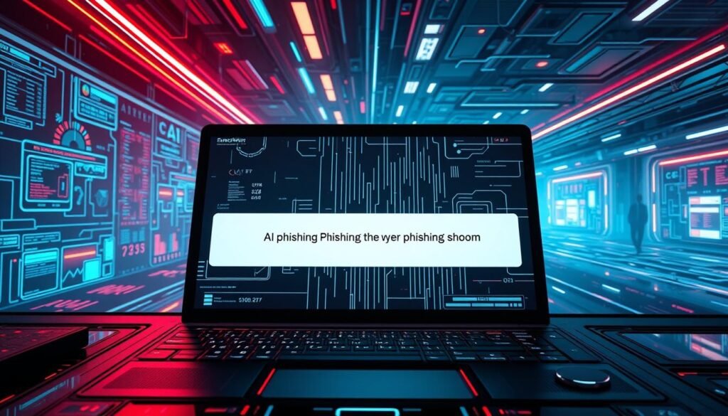 A sophisticated AI-powered phishing scam unfolds in a hyper-realistic digital landscape. In the foreground, a deceptively convincing email interface with a manipulative subject line and an expertly forged sender address stands out against a backdrop of sleek, futuristic technology. The middle ground features complex data visualizations and intricate algorithms, hinting at the AI-driven automation powering the attack. In the distant background, a maze of interconnected digital pathways and ominous shadows suggest the vast scale and scope of this evolving cybersecurity threat. The overall atmosphere exudes a sense of unease and the unsettling realization that even the most technologically savvy individuals may fall victim to these next-generation phishing tactics.