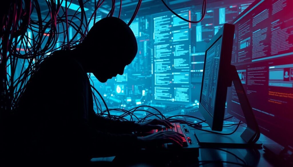 A sophisticated digital landscape, illuminated by the ominous glow of a computer screen. In the foreground, a shadowy figure hunched over a keyboard, their face obscured by the screen's eerie light. Surrounding them, a labyrinth of wires and cables, creating a sense of technological entrapment. In the background, a maze of windows and icons, representing the digital world ripe for exploitation. The scene evokes a sense of unease and vulnerability, capturing the essence of the modern phishing threat - a predator lurking within the depths of our digital lives.