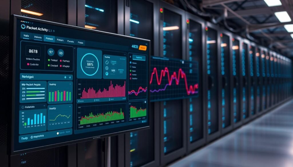 A sophisticated display panel showcasing network activity data, bathed in a cool, techno-chic ambiance. The foreground features a clean, minimalist dashboard with intuitive widgets and visualizations, designed to streamline packet analysis workflows. The middle ground depicts a sleek, high-resolution screen displaying real-time network traffic metrics, color-coded to highlight critical patterns and anomalies. In the background, a softly lit data center environment sets the tone, with server racks and cables receding into the distance, creating a sense of depth and technological prowess. The overall scene conveys a balance of form and function, empowering the network analyst to swiftly triage and resolve complex connectivity issues. A sophisticated display panel showcasing network activity data, bathed in a cool, techno-chic ambiance. The foreground features a clean, minimalist dashboard with intuitive widgets and visualizations, designed to streamline packet analysis workflows. The middle ground depicts a sleek, high-resolution screen displaying real-time network traffic metrics, color-coded to highlight critical patterns and anomalies. In the background, a softly lit data center environment sets the tone, with server racks and cables receding into the distance, creating a sense of depth and technological prowess. The overall scene conveys a balance of form and function, empowering the network analyst to swiftly triage and resolve complex connectivity issues.